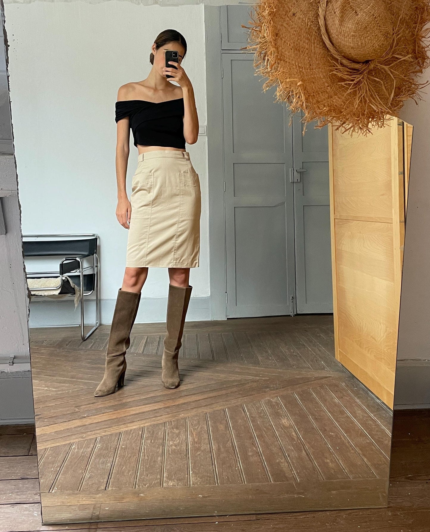 High-Waisted Beige cotton pencil Skirt with Pockets, Minimalist Neutral Skirt, Casual Chic Knee-Length Skirt for Women, Summer Workwear
