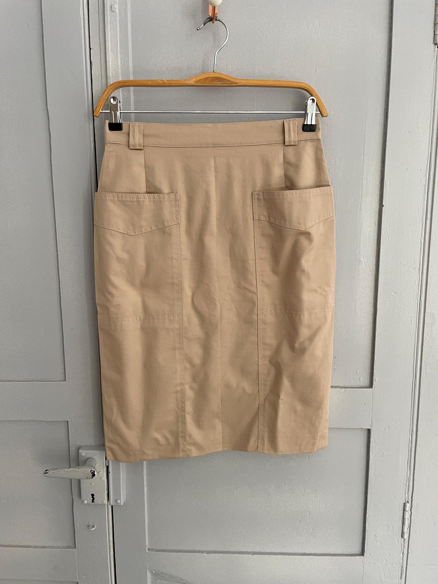 High-Waisted Beige cotton pencil Skirt with Pockets, Minimalist Neutral Skirt, Casual Chic Knee-Length Skirt for Women, Summer Workwear