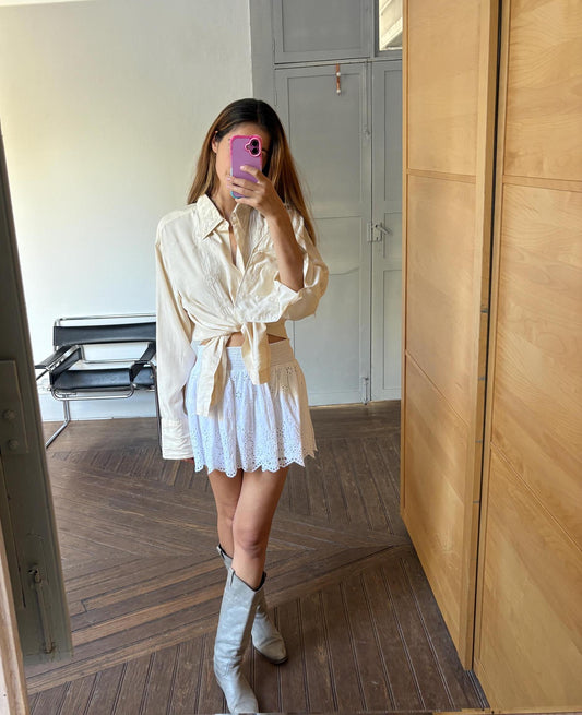 Gorgeous PURE SILK vintage MEN shirt, Hand embroidered off white oxford, A true vintage treasure, Super soft eggshell long sleeve button up