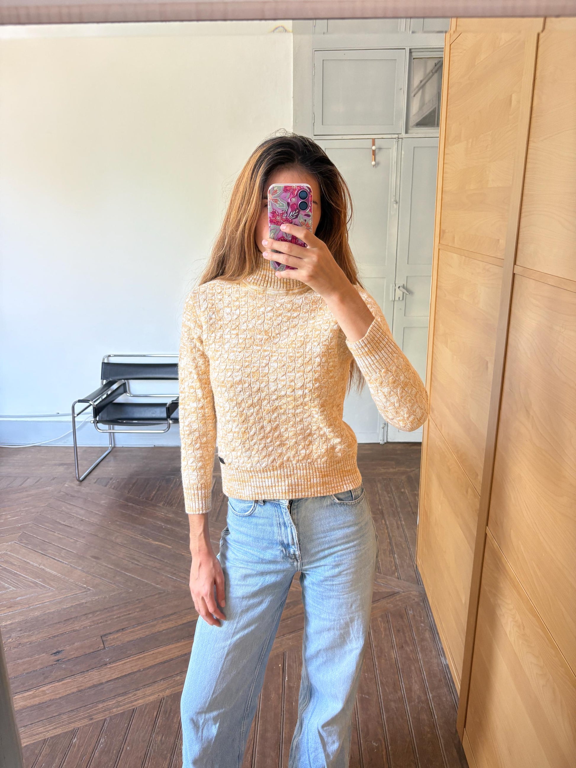 Wool yellow and white pullover, German design jumper