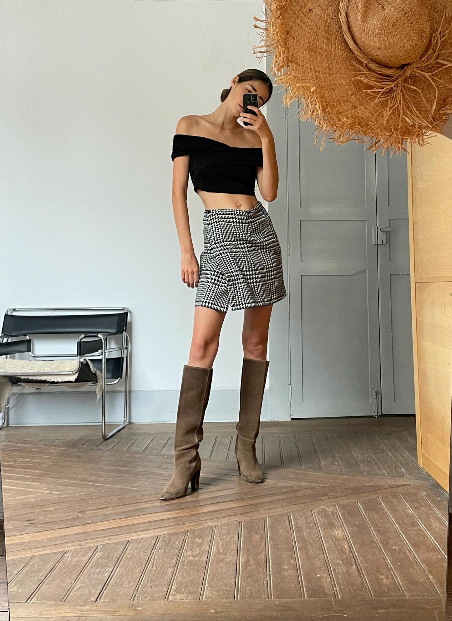 Vintage French houndstooth wool mini skirt, Unique tartan black and white winter skirt