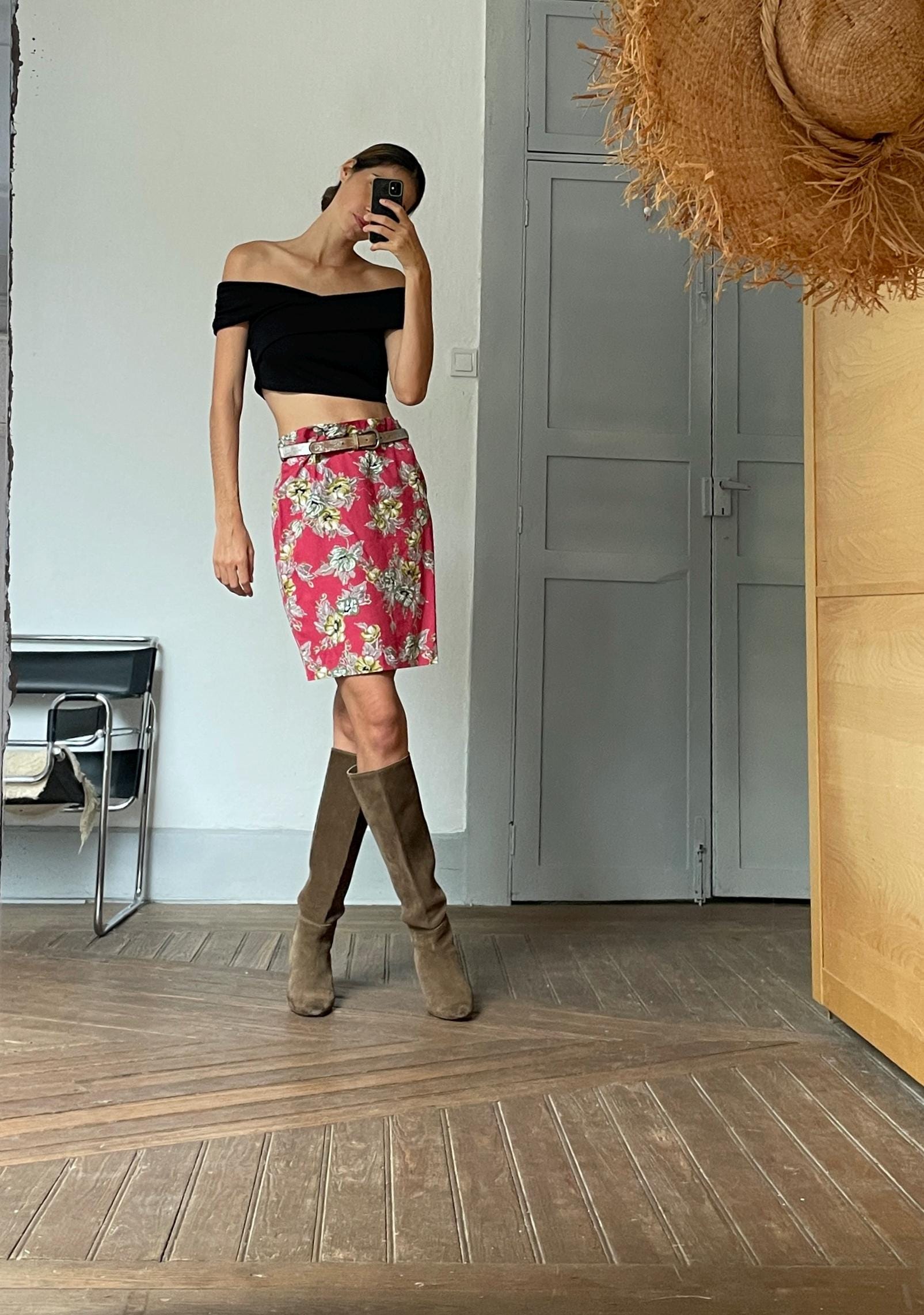 Retro pink floral skirt, High waist vintage pencil skirt, Colourful summer clothing