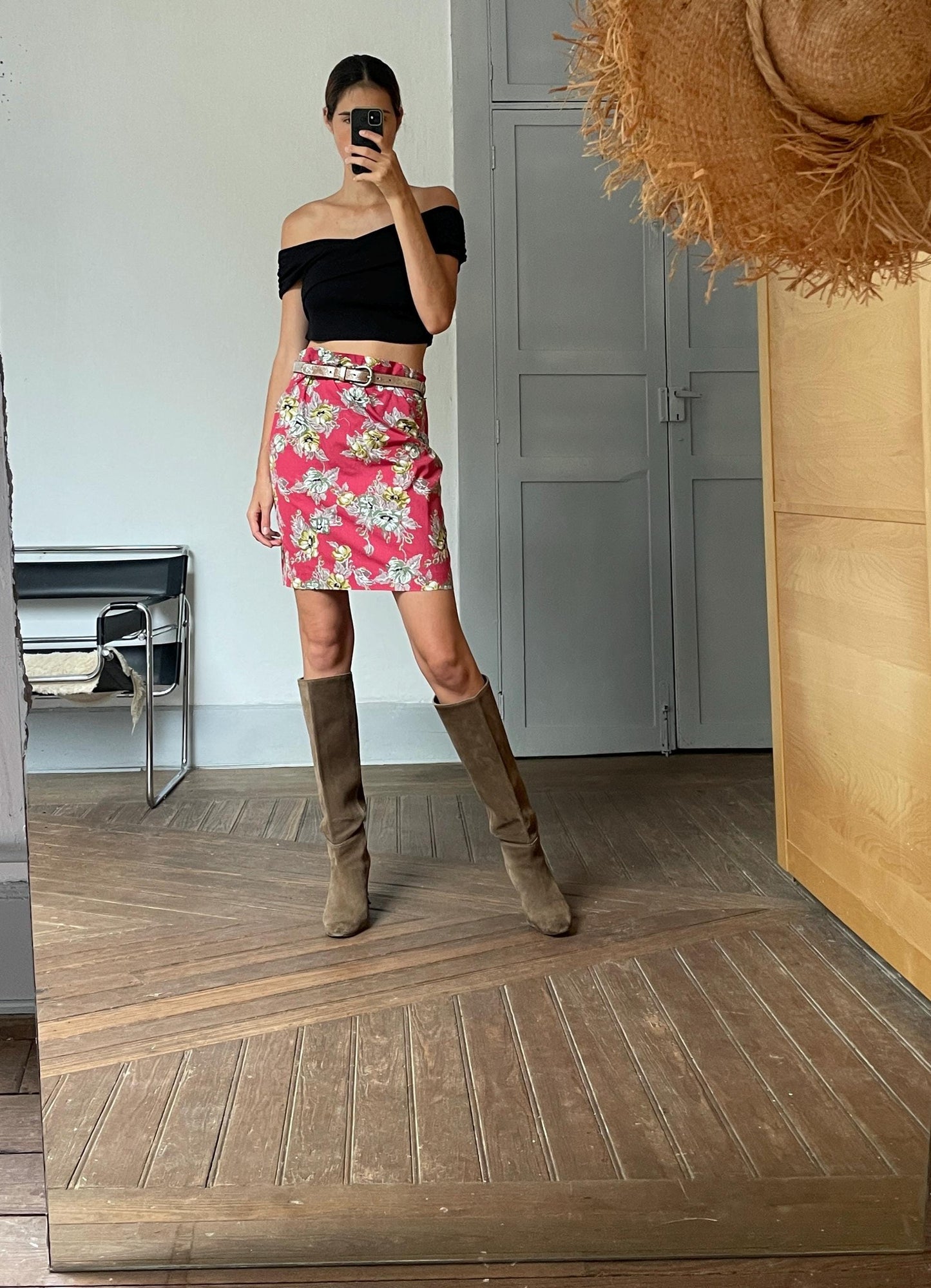 Retro pink floral skirt, High waist vintage pencil skirt, Colourful summer clothing