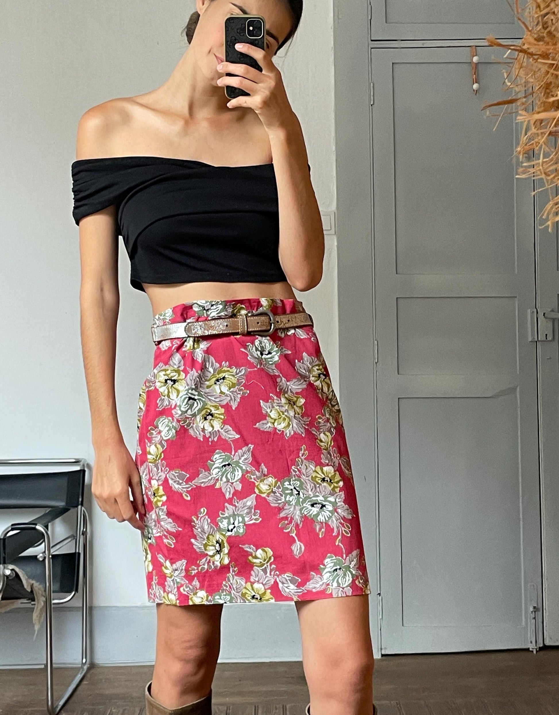 Retro pink floral skirt, High waist vintage pencil skirt, Colourful summer clothing