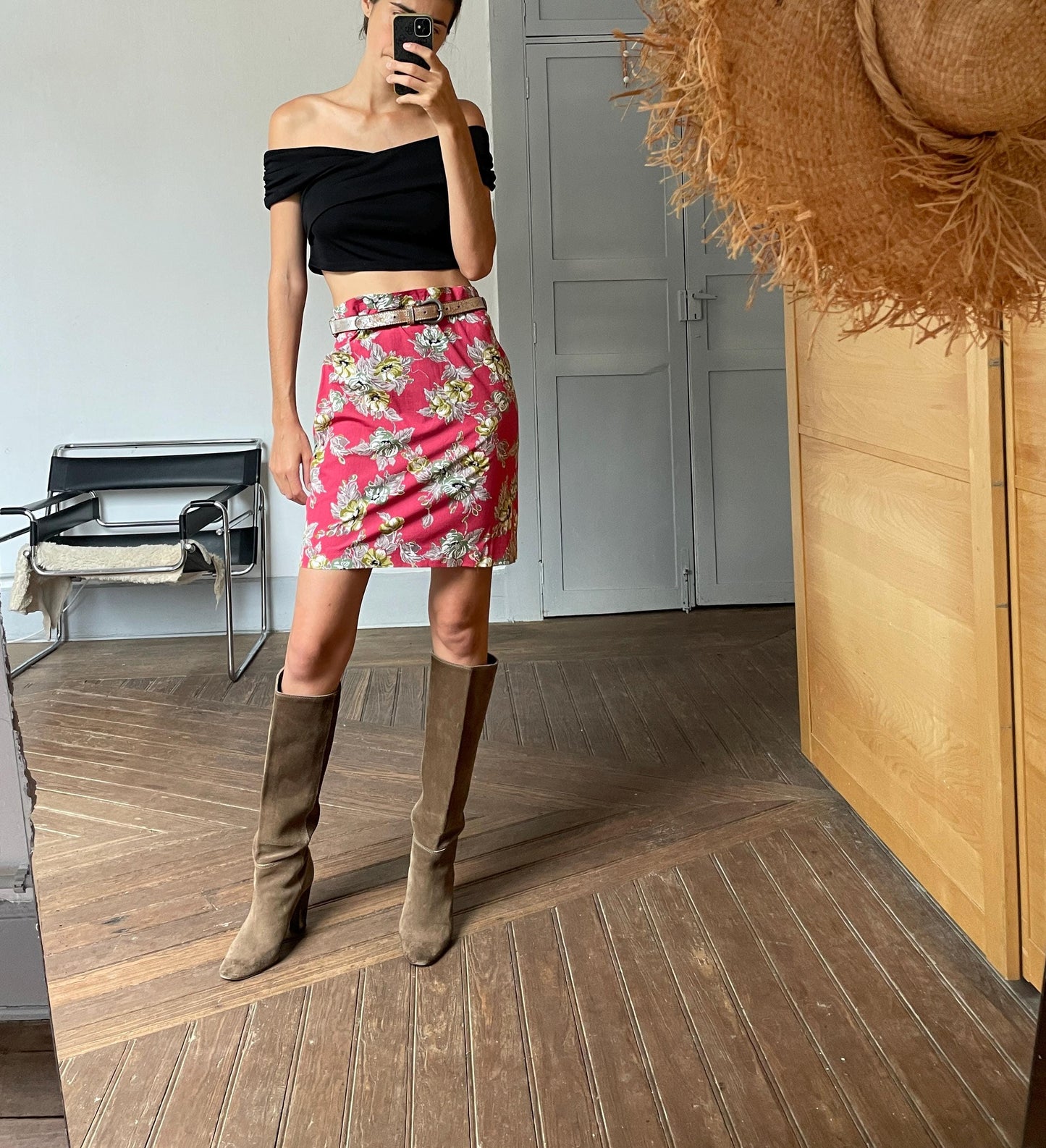 Retro pink floral skirt, High waist vintage pencil skirt, Colourful summer clothing