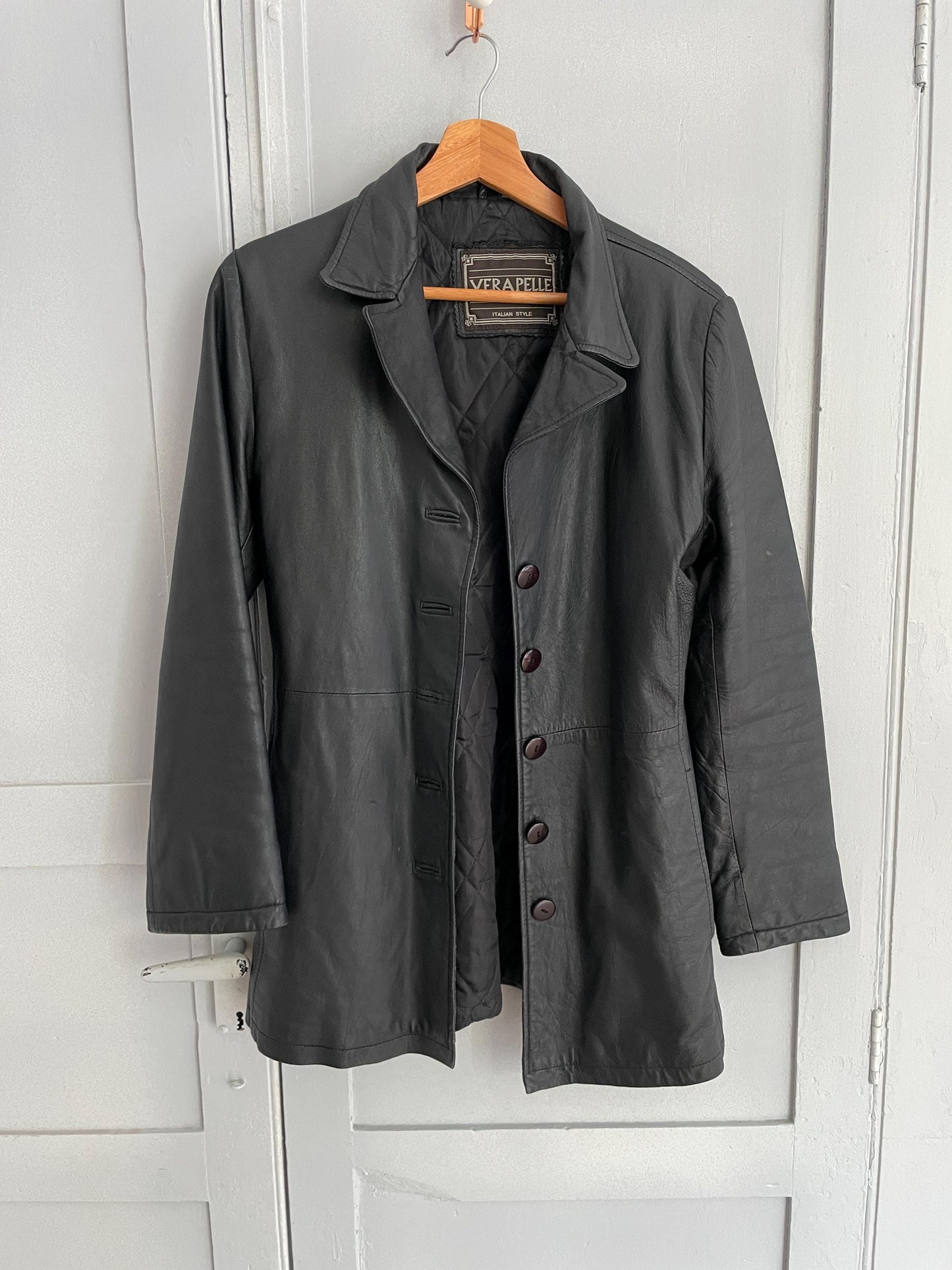 Vintage black leather jacket, Italian style half long genuine leather coat, 90s rave the matrix woman jacket, Size S