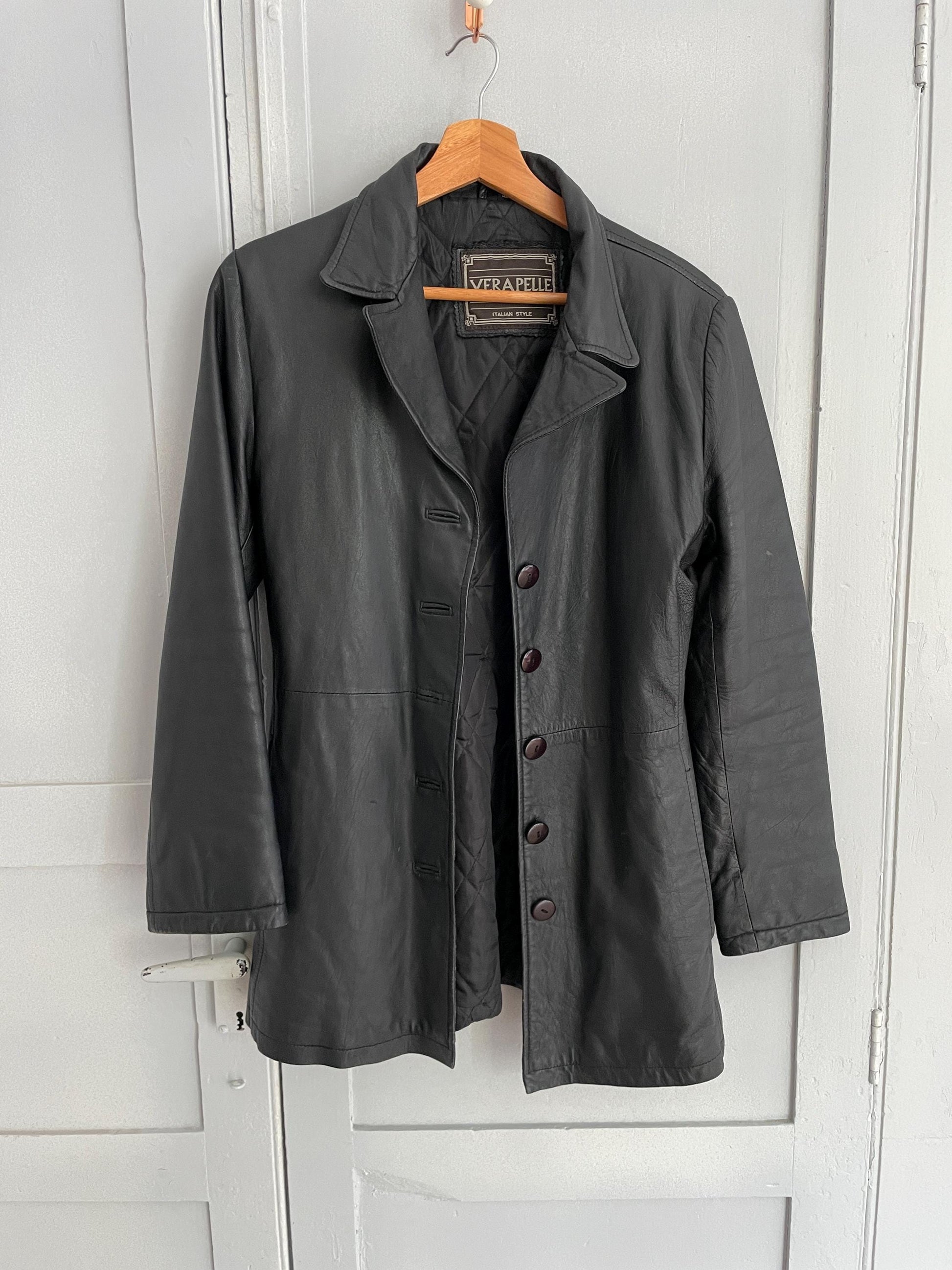 Vintage black leather jacket, Italian style half long genuine leather coat, 90s rave the matrix woman jacket, Size S