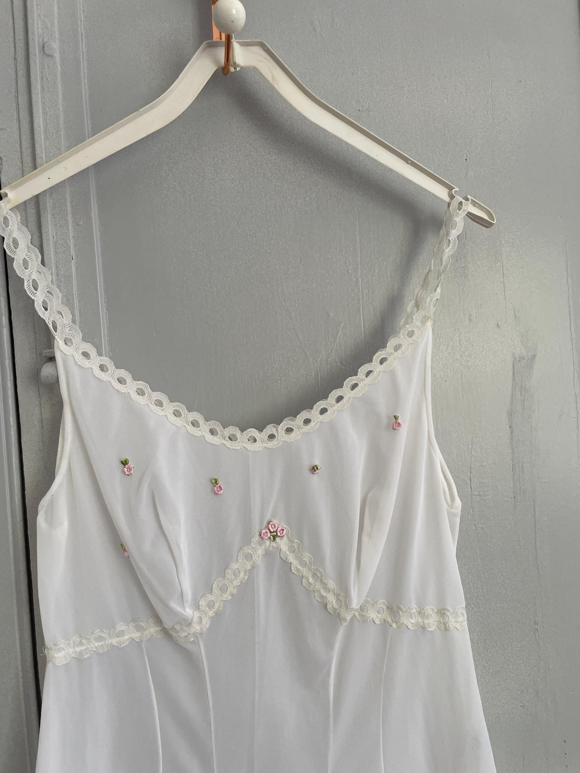 Vintage white and pink floral night dress, Sexy sheer nightie,