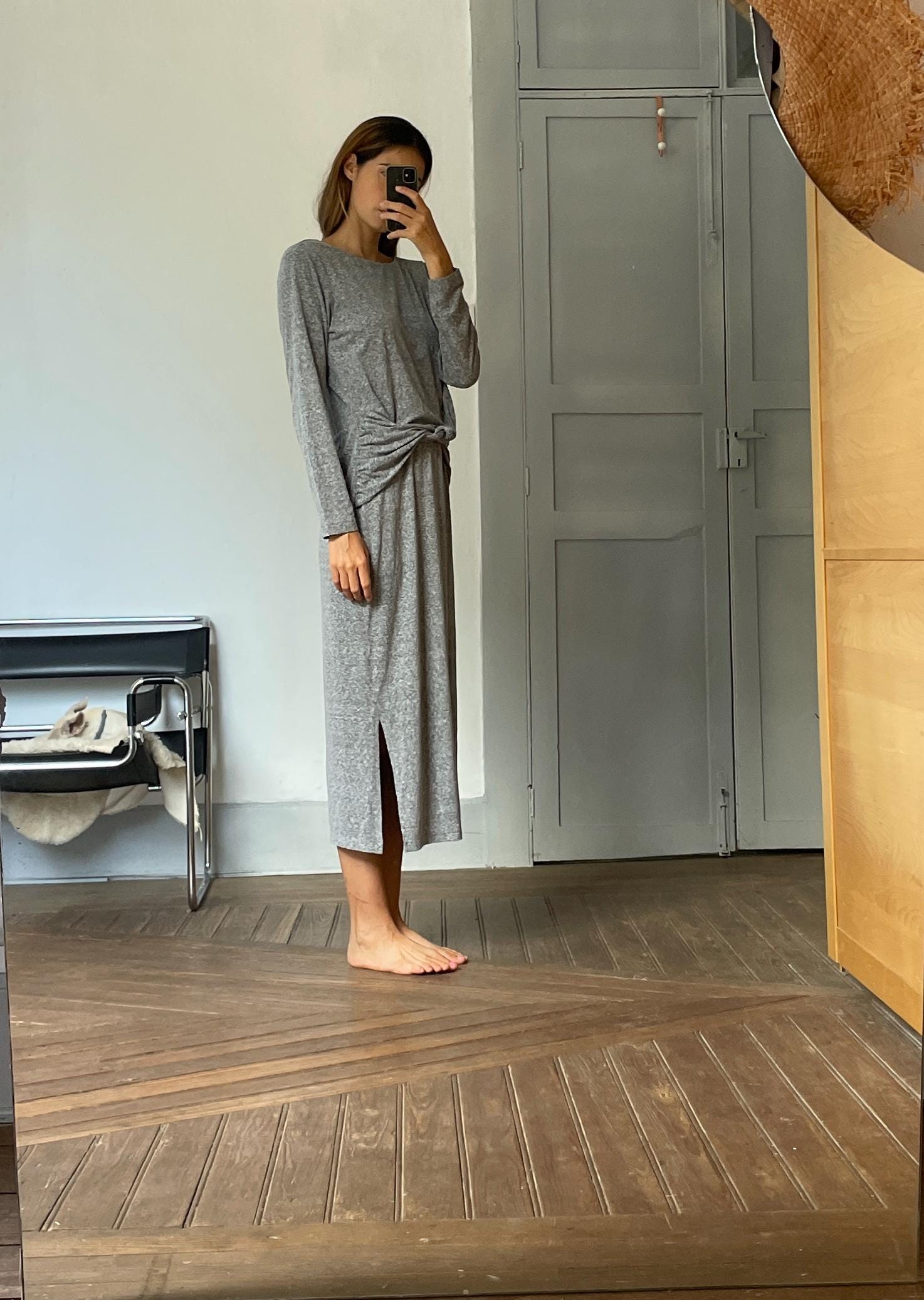 Long light grey dress, Soft winter maxi dress, Long sleeve Sandwich dress, woman clothing size L