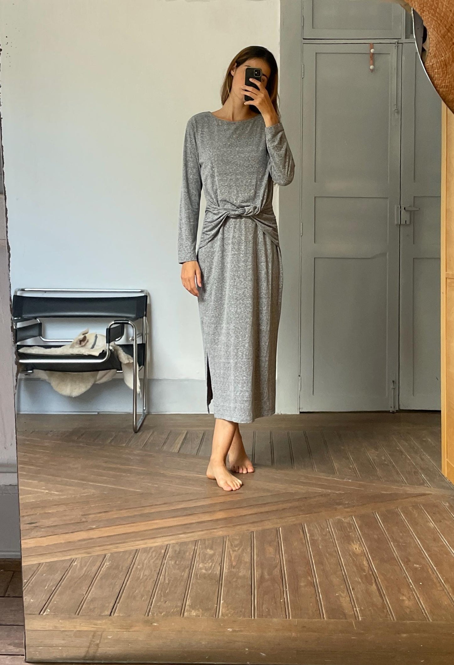 Long light grey dress, Soft winter maxi dress, Long sleeve Sandwich dress, woman clothing size L