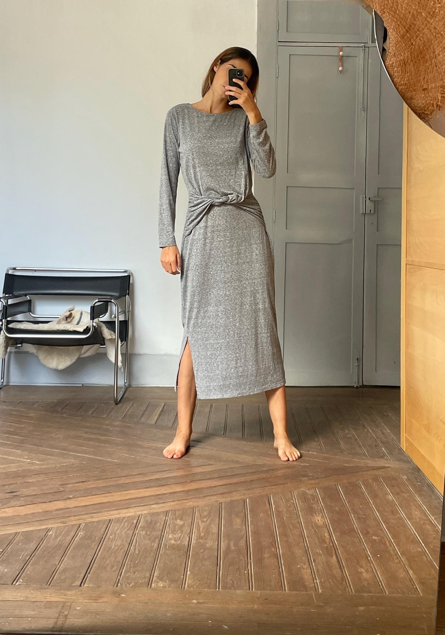 Long light grey dress, Soft winter maxi dress, Long sleeve Sandwich dress, woman clothing size L