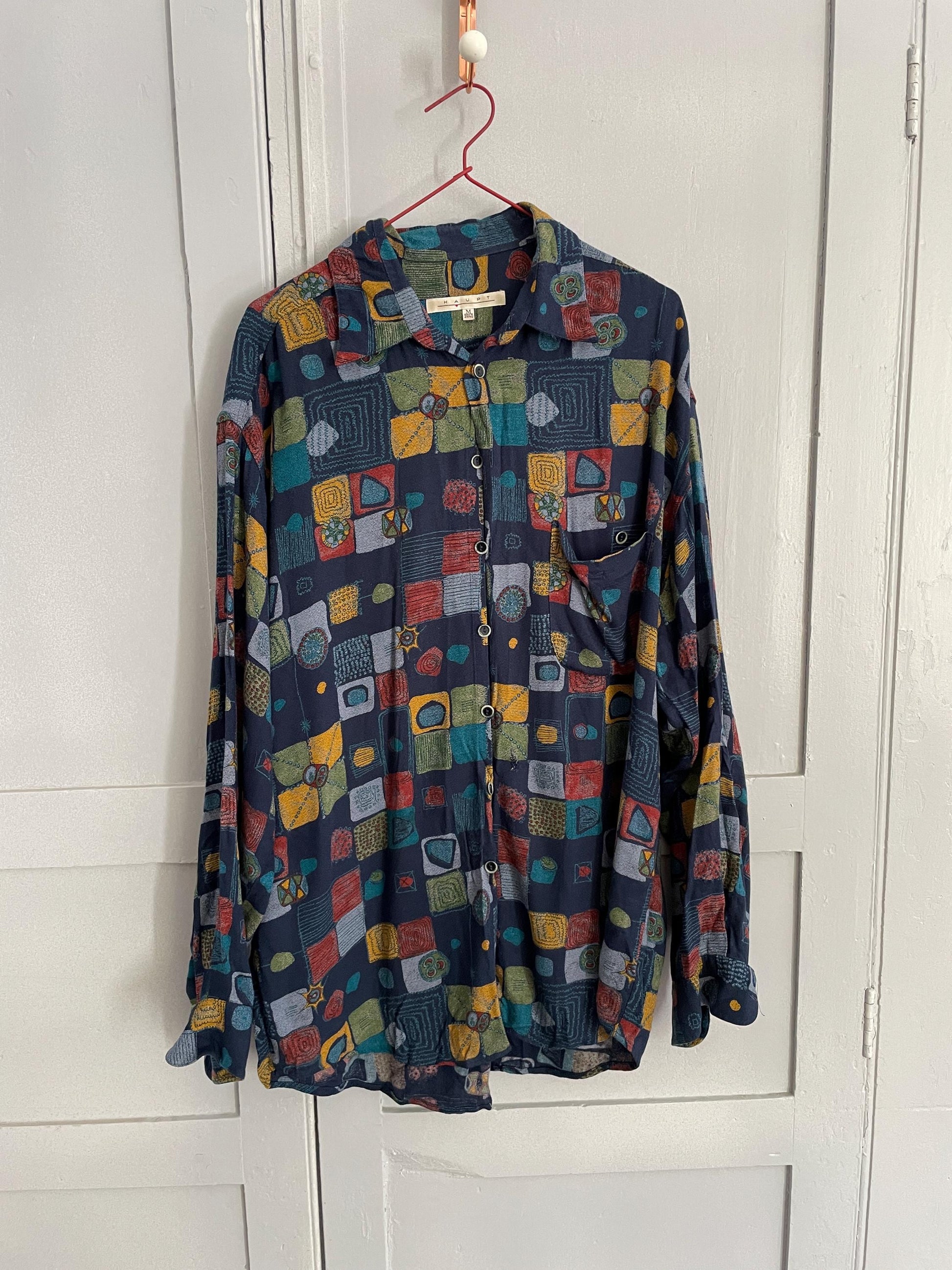 Retro vintage Haupt long sleeve shirt, Colourful 80s blouse, Playful super soft button down shirt