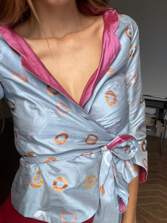 Vintage David Christian Madrid 100 % silk wrap top, Pastel Blue elegant formal woman top, Silk Blouse Handmade in Spain