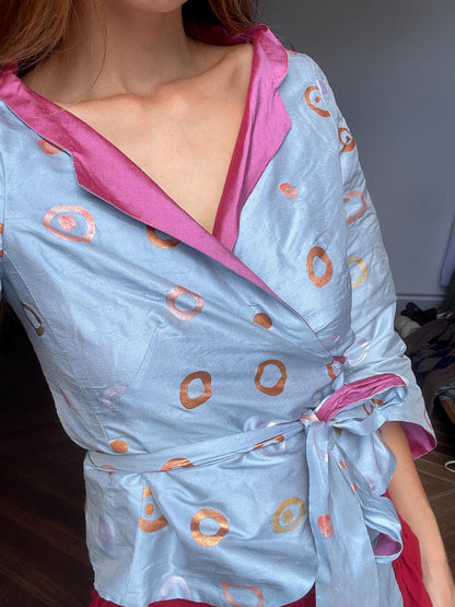 Silk Light Blue Wrap Top — back view