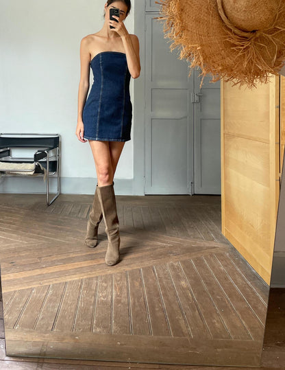 Vintage FIORUCCI Strapless Denim Bodycon Dress — fabric close-up