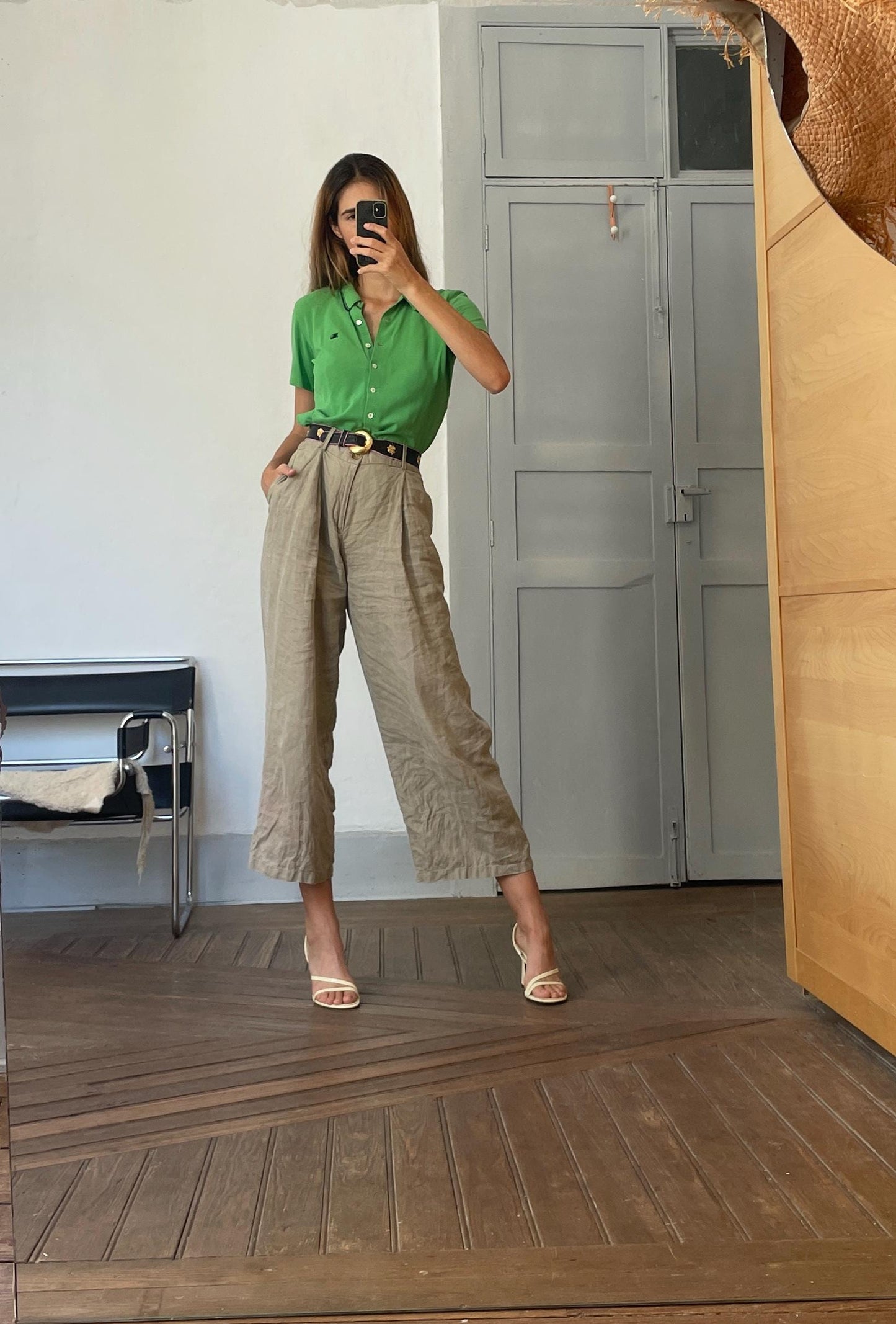 Vintage Burberrys green polo blouse – size S / EU 36, short sleeve, navy trim, preppy designer top