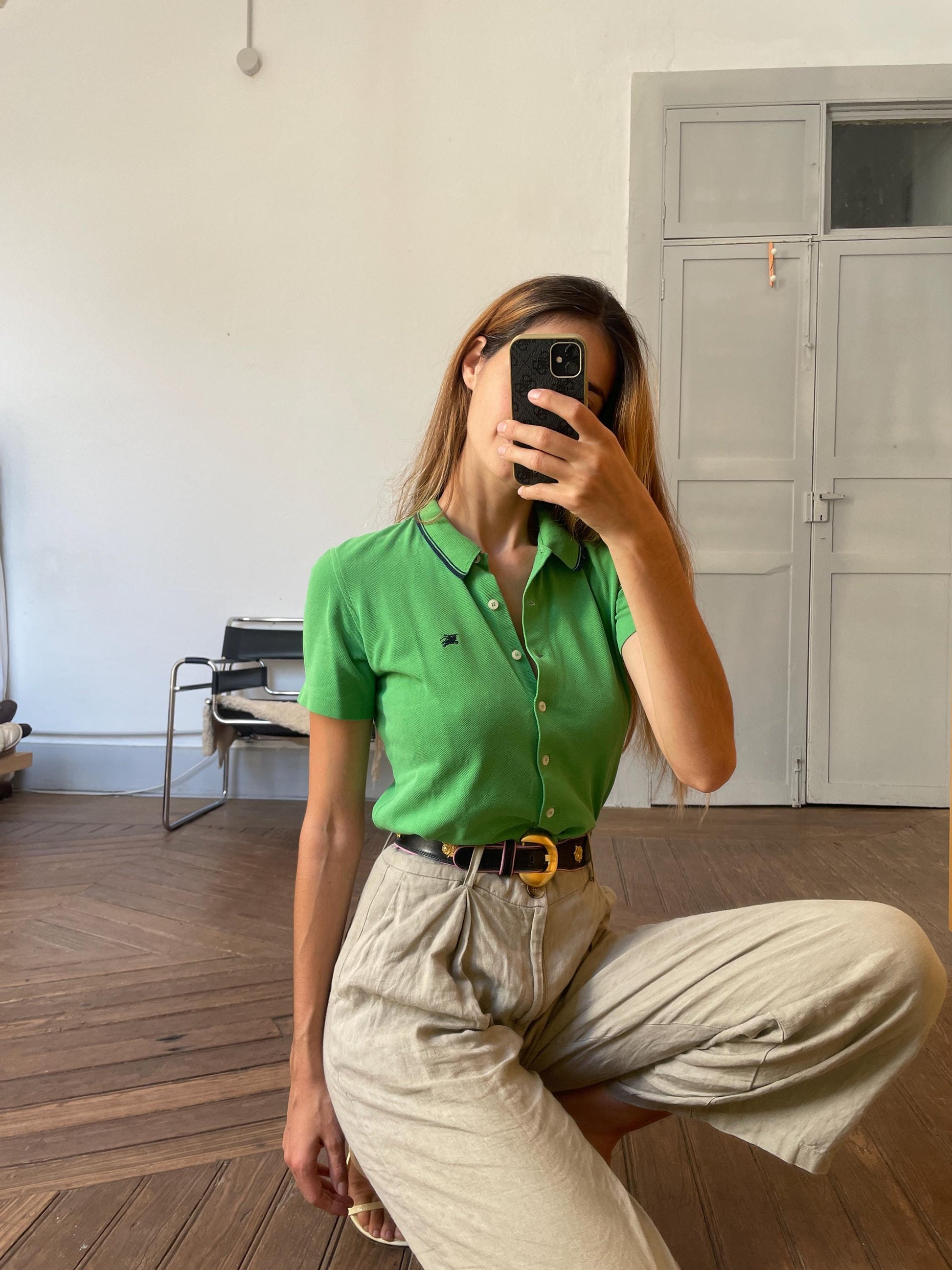 Vintage Burberrys green polo blouse – size S / EU 36, short sleeve, navy trim, preppy designer top