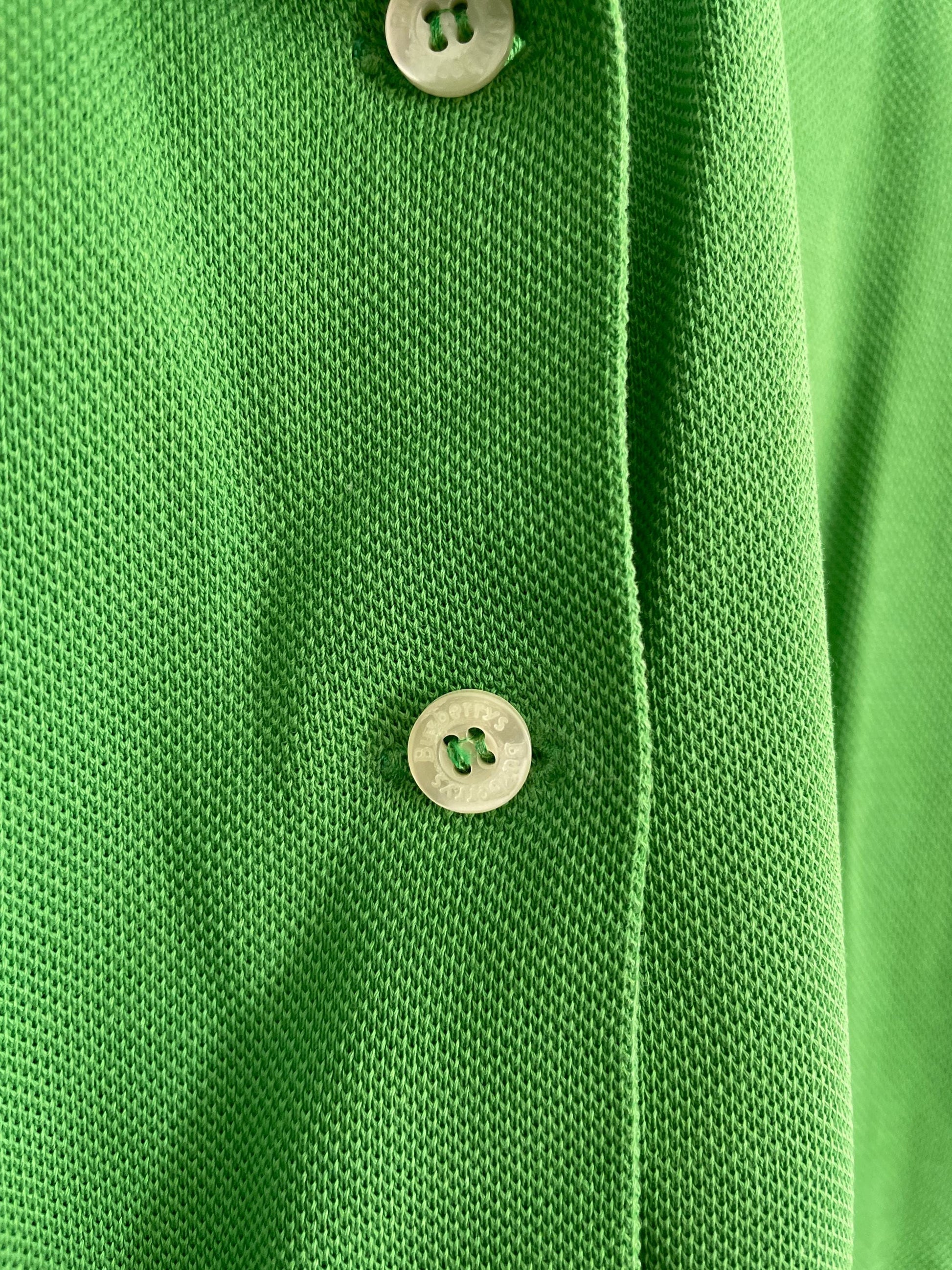 Vintage Burberrys green polo blouse – size S / EU 36, short sleeve, navy trim, preppy designer top