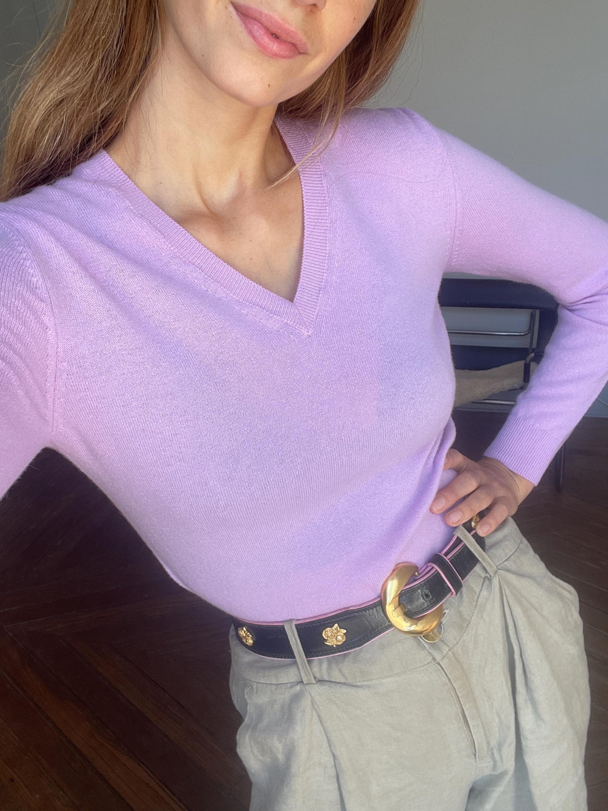 United Colors of Benetton lilac wool sweater – XS, v-neck, soft pure wool knit, violet vintage jumper, minimalist layering piece