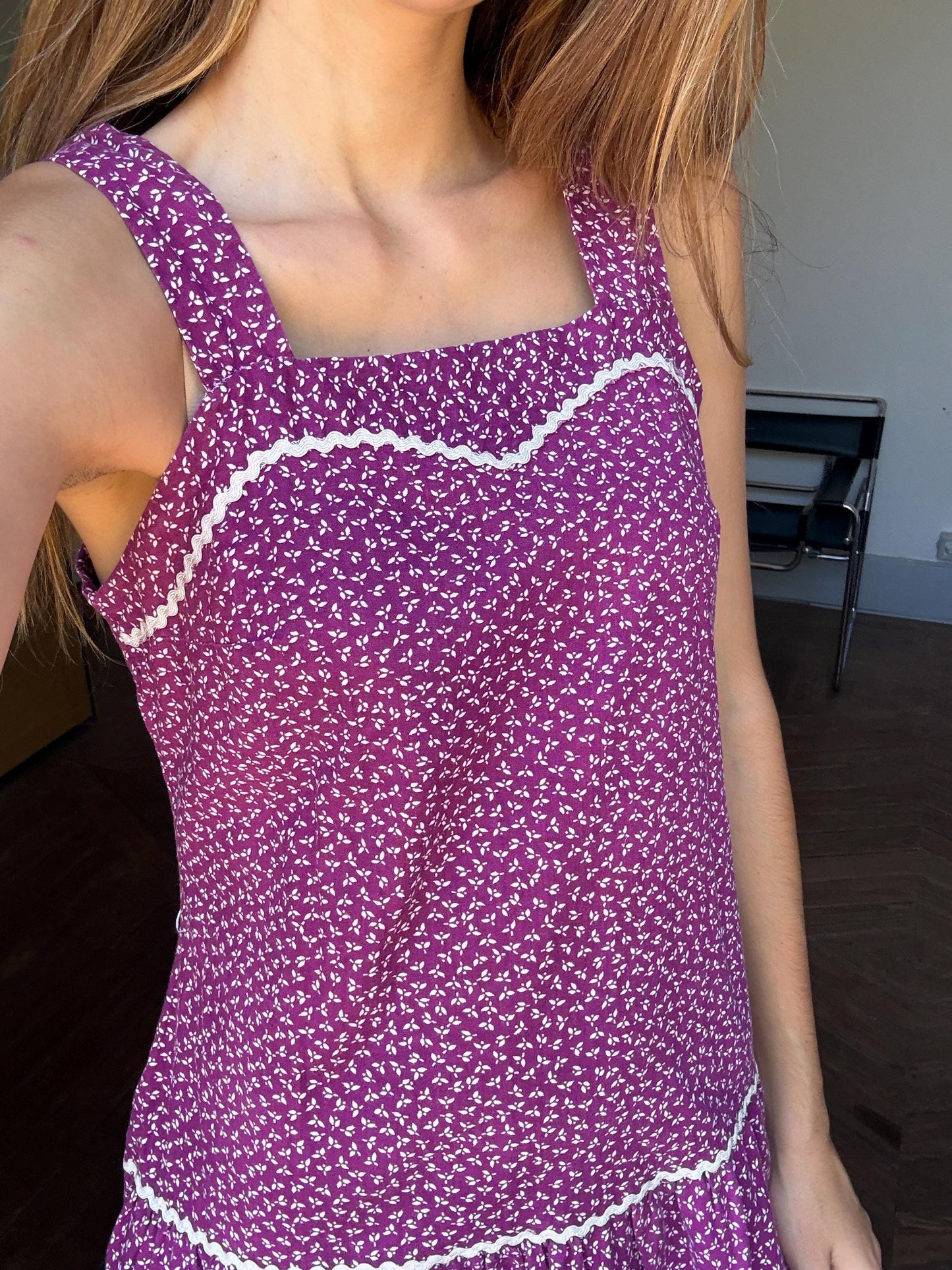 Vintage purple woman dress, Handmade floral midi dress