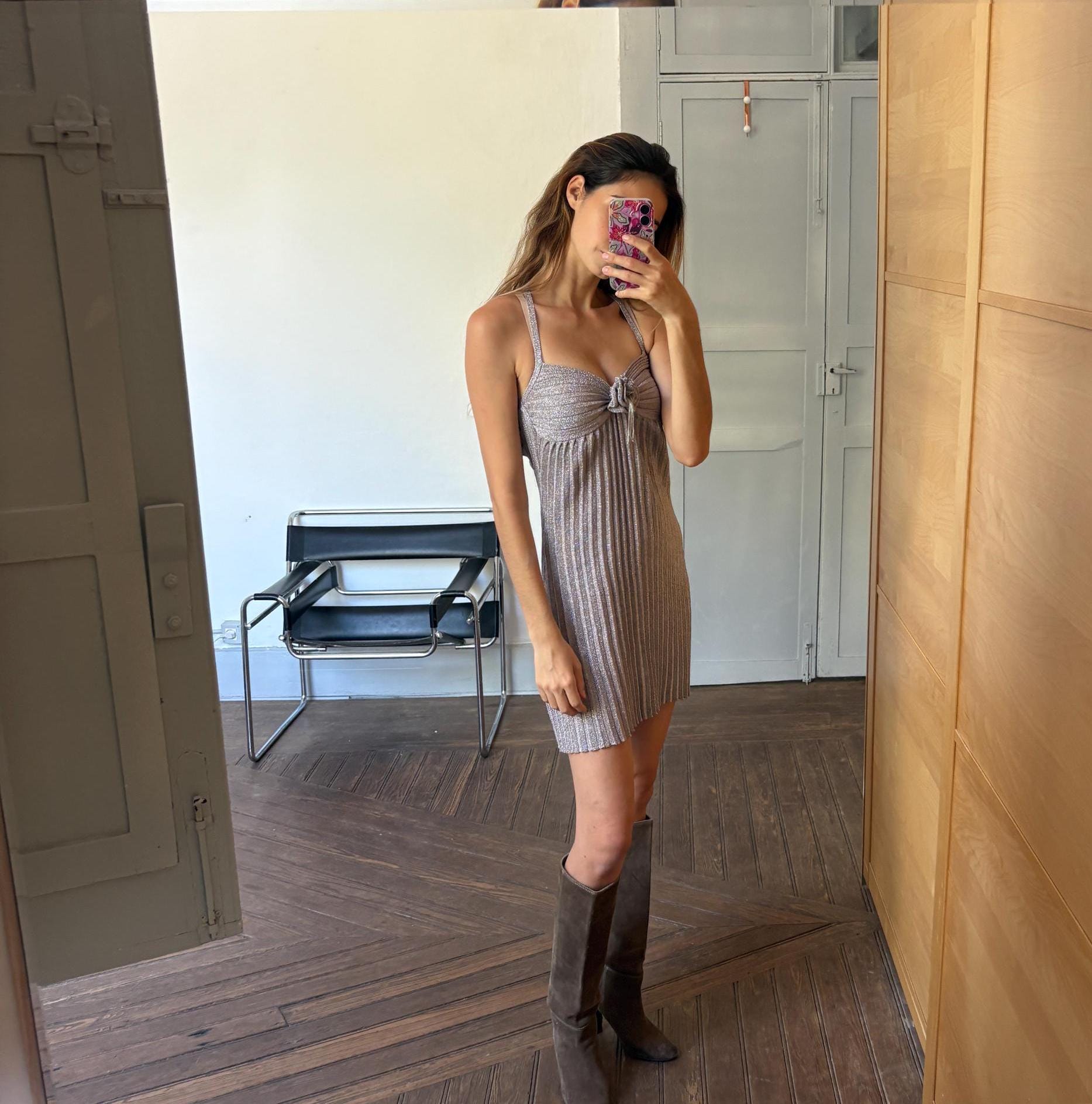 Festive silver glitter dress, Vintage lycra sparkly new year's eve / christmas dress. Special event woman dress with fabric rose