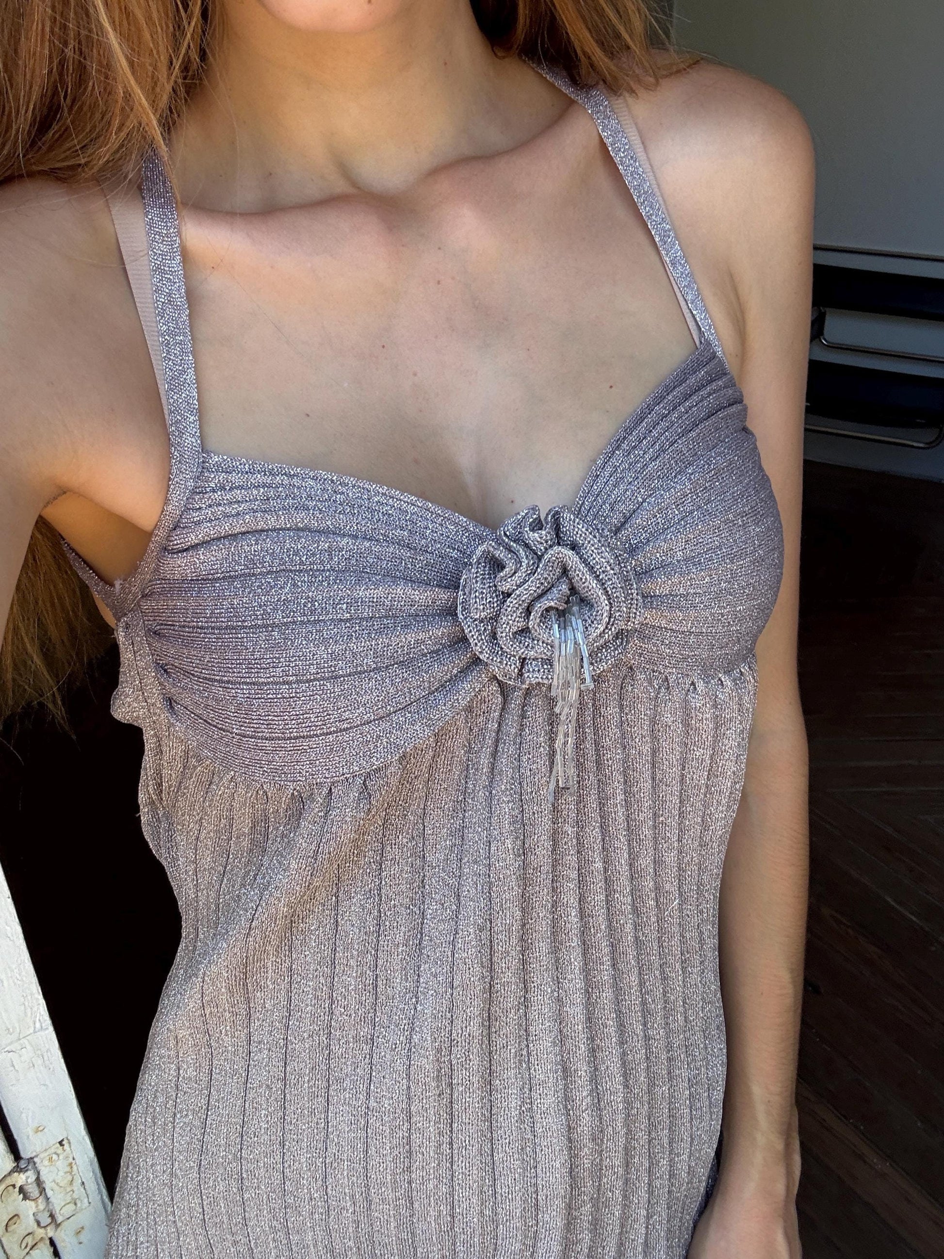 Festive silver glitter dress, Vintage lycra sparkly new year's eve / christmas dress. Special event woman dress with fabric rose