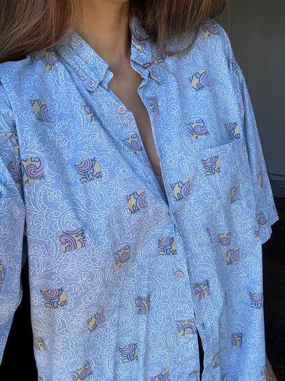 Vintage Blue Floral Oversized Blouse — back view