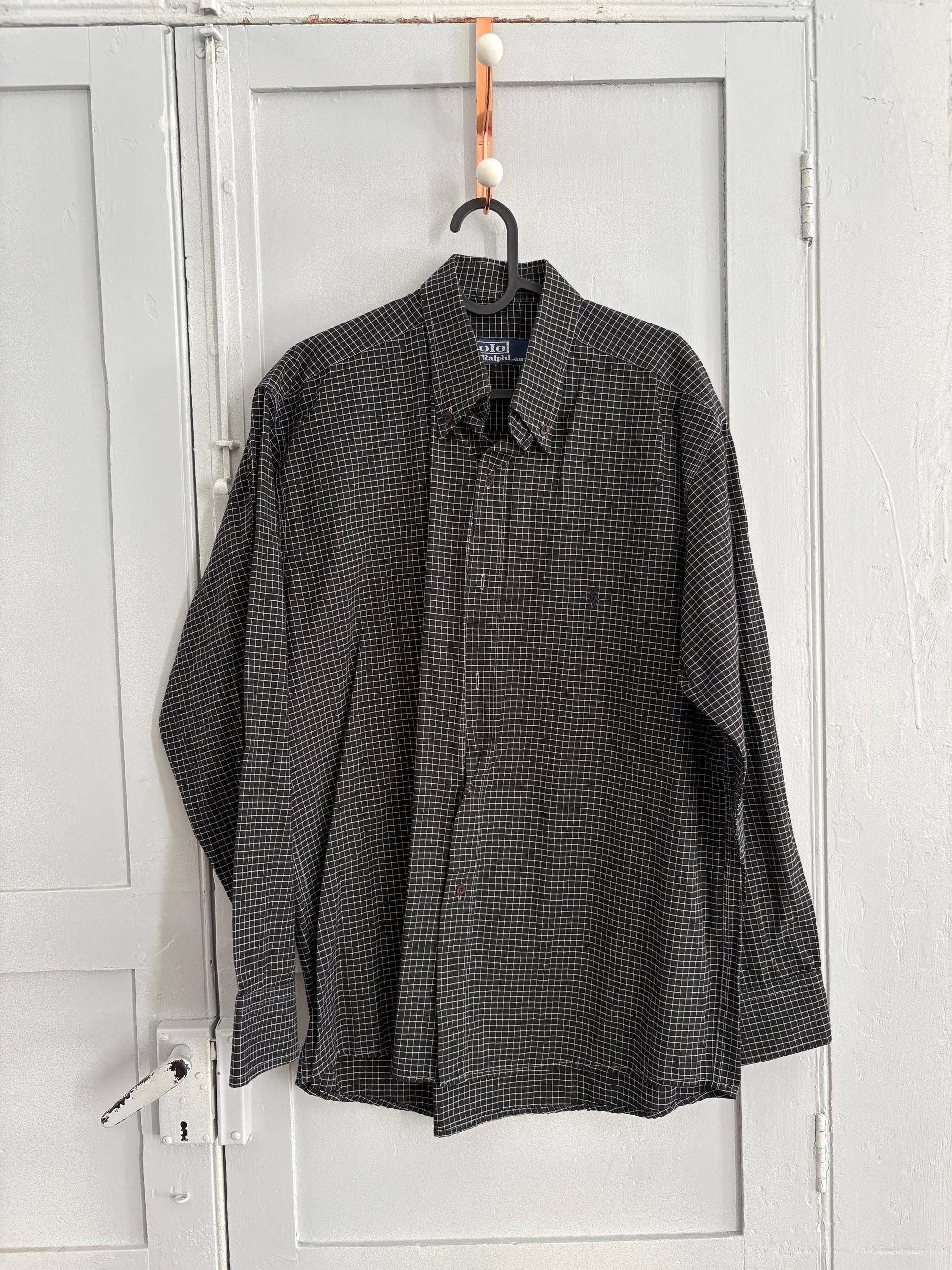 Classic Polo by Ralph Lauren black checkered button up shirt, Smart button up, 90s long sleeve shirt, Preppy designer blouse, L