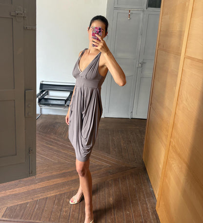Vintage Grey Sleeveless Midi Dress — fabric close-up