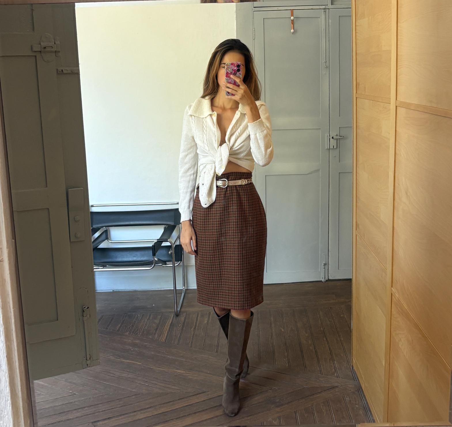 Vintage brown houndstooth wool midi skirt, Retro plaid high waist pencil skirt,Vintage tartan skirt, Dark academia aesthetic