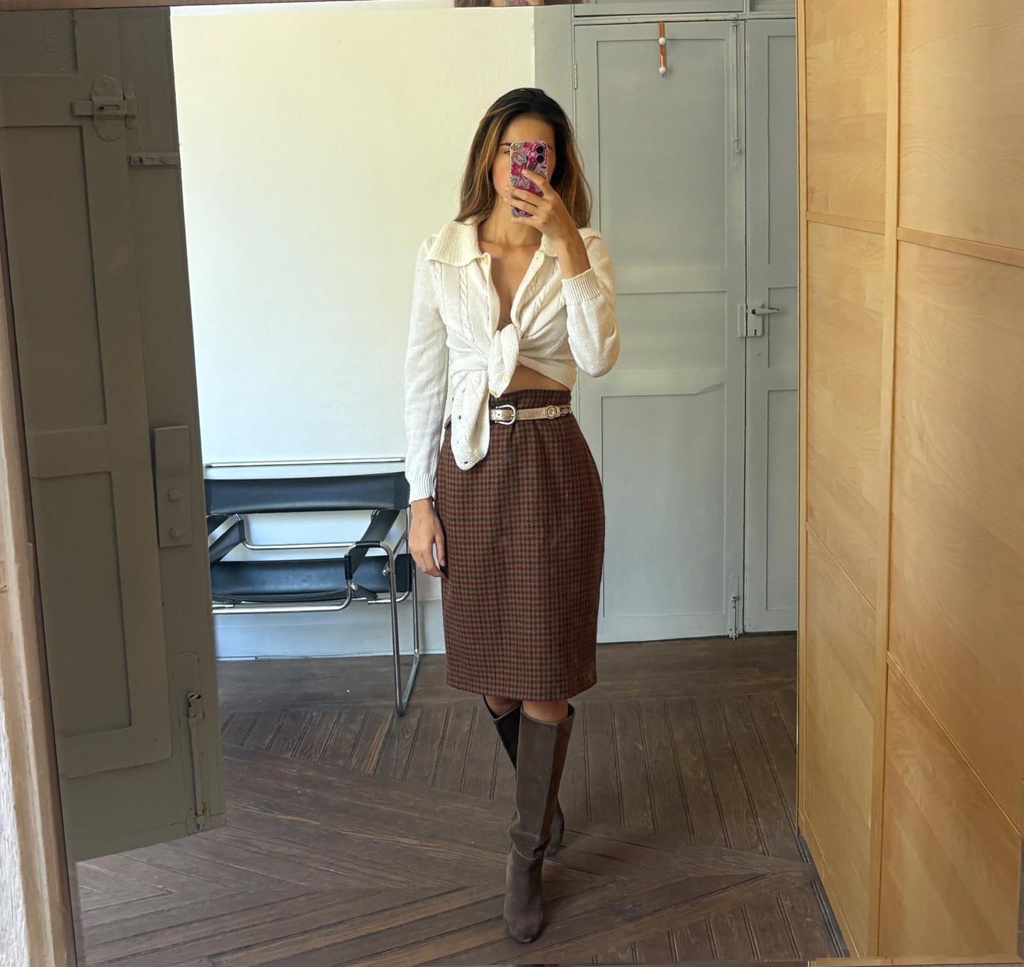 Vintage brown houndstooth wool midi skirt, Retro plaid high waist pencil skirt,Vintage tartan skirt, Dark academia aesthetic