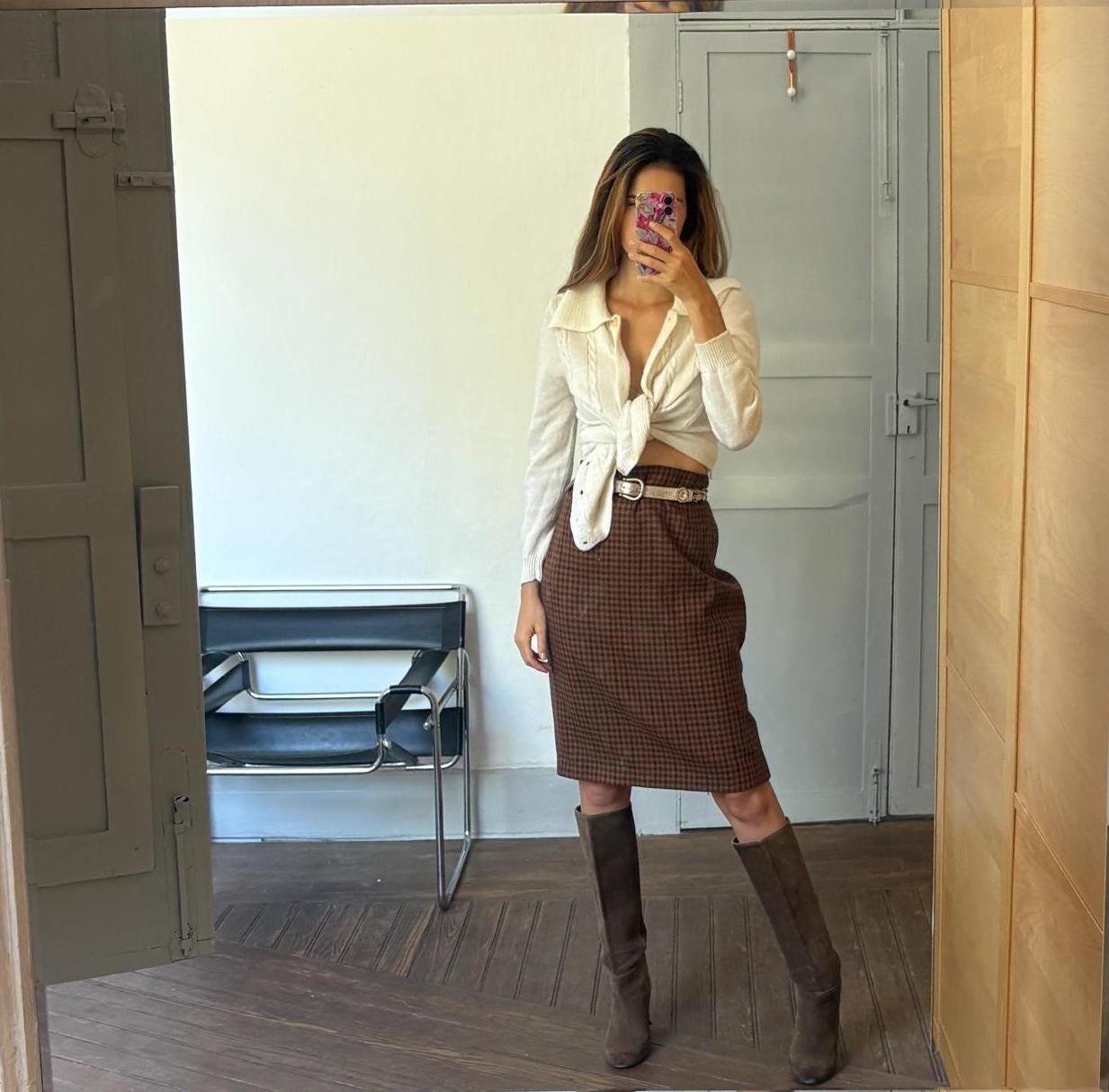 Vintage brown houndstooth wool midi skirt, Retro plaid high waist pencil skirt,Vintage tartan skirt, Dark academia aesthetic