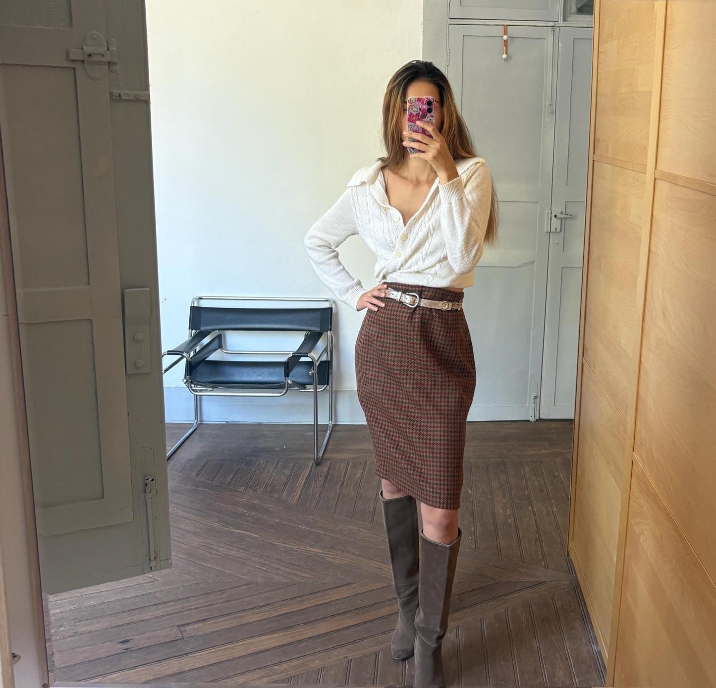 Vintage brown houndstooth wool midi skirt, Retro plaid high waist pencil skirt,Vintage tartan skirt, Dark academia aesthetic