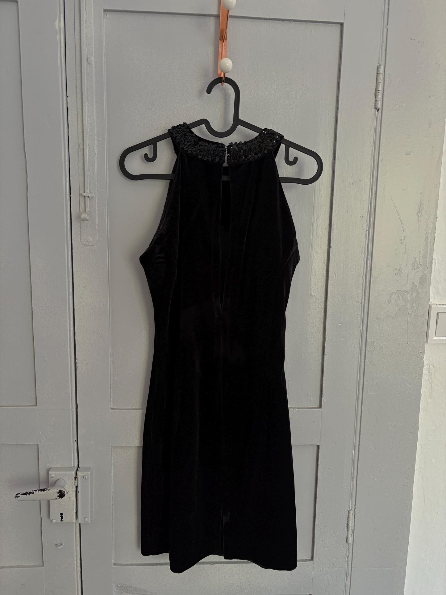 Vintage black velvet dress made in England, Elegant velour festive sequin embroidered dress, Basic hourglass dress,