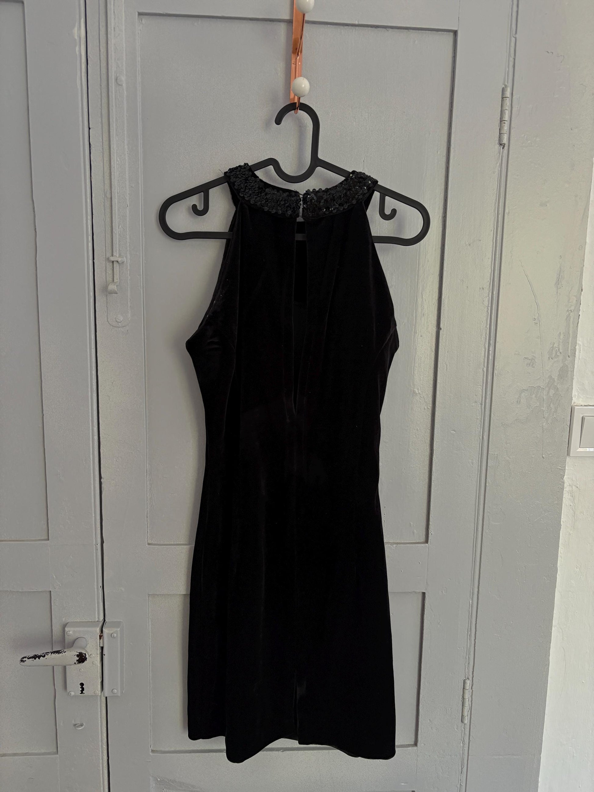 Vintage black velvet dress made in England, Elegant velour festive sequin embroidered dress, Basic hourglass dress,