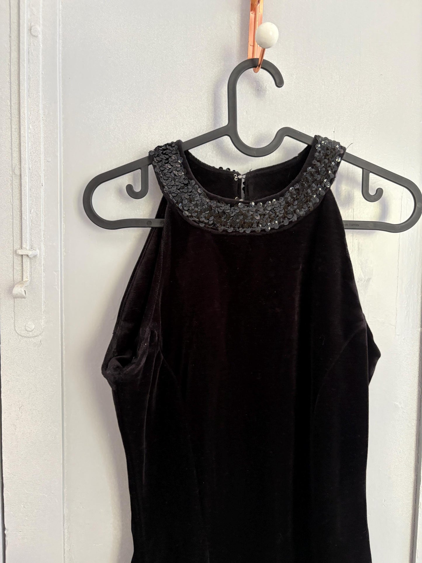 Vintage black velvet dress made in England, Elegant velour festive sequin embroidered dress, Basic hourglass dress,