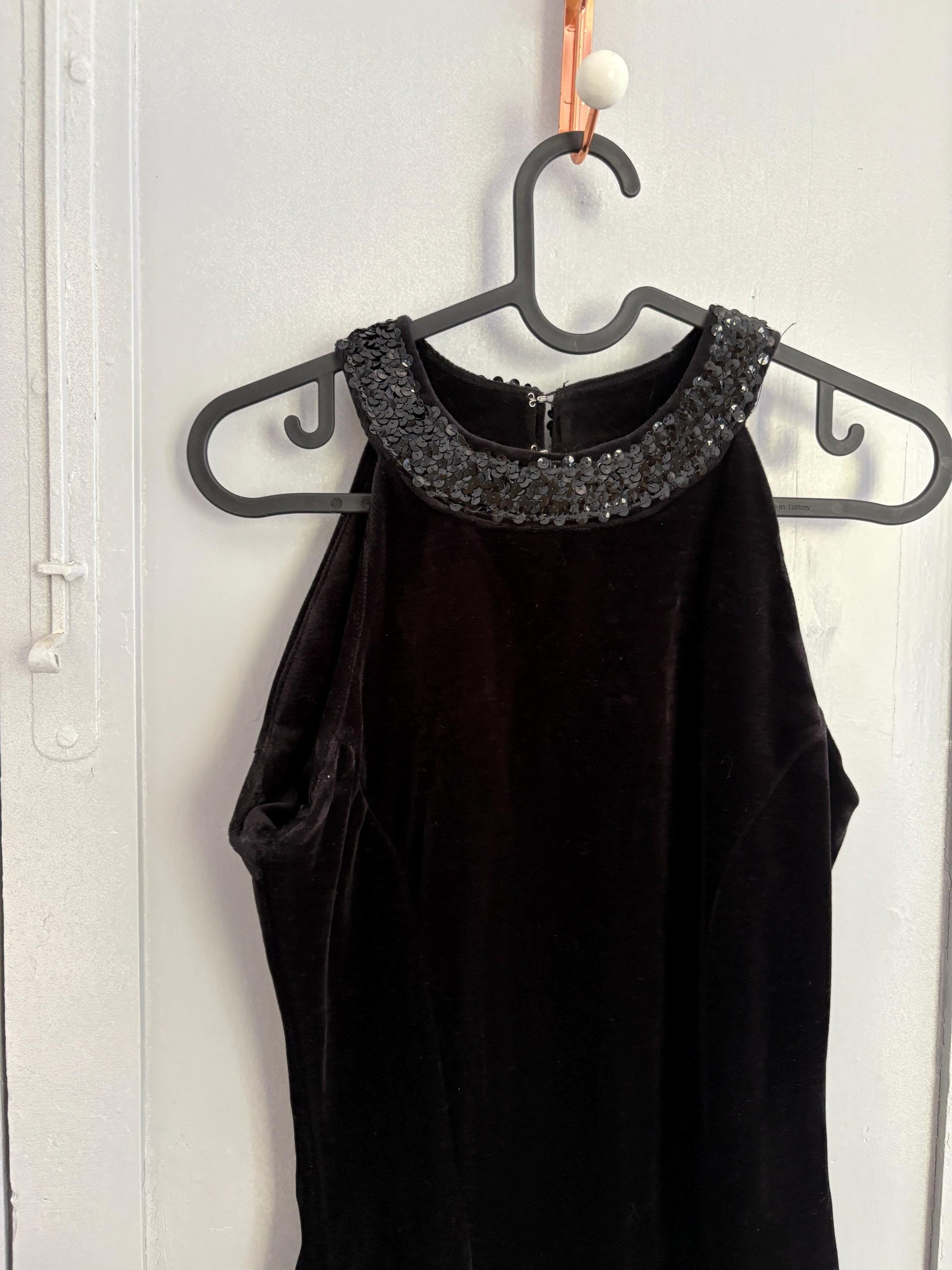 Vintage black velvet dress made in England, Elegant velour festive sequin embroidered dress, Basic hourglass dress,