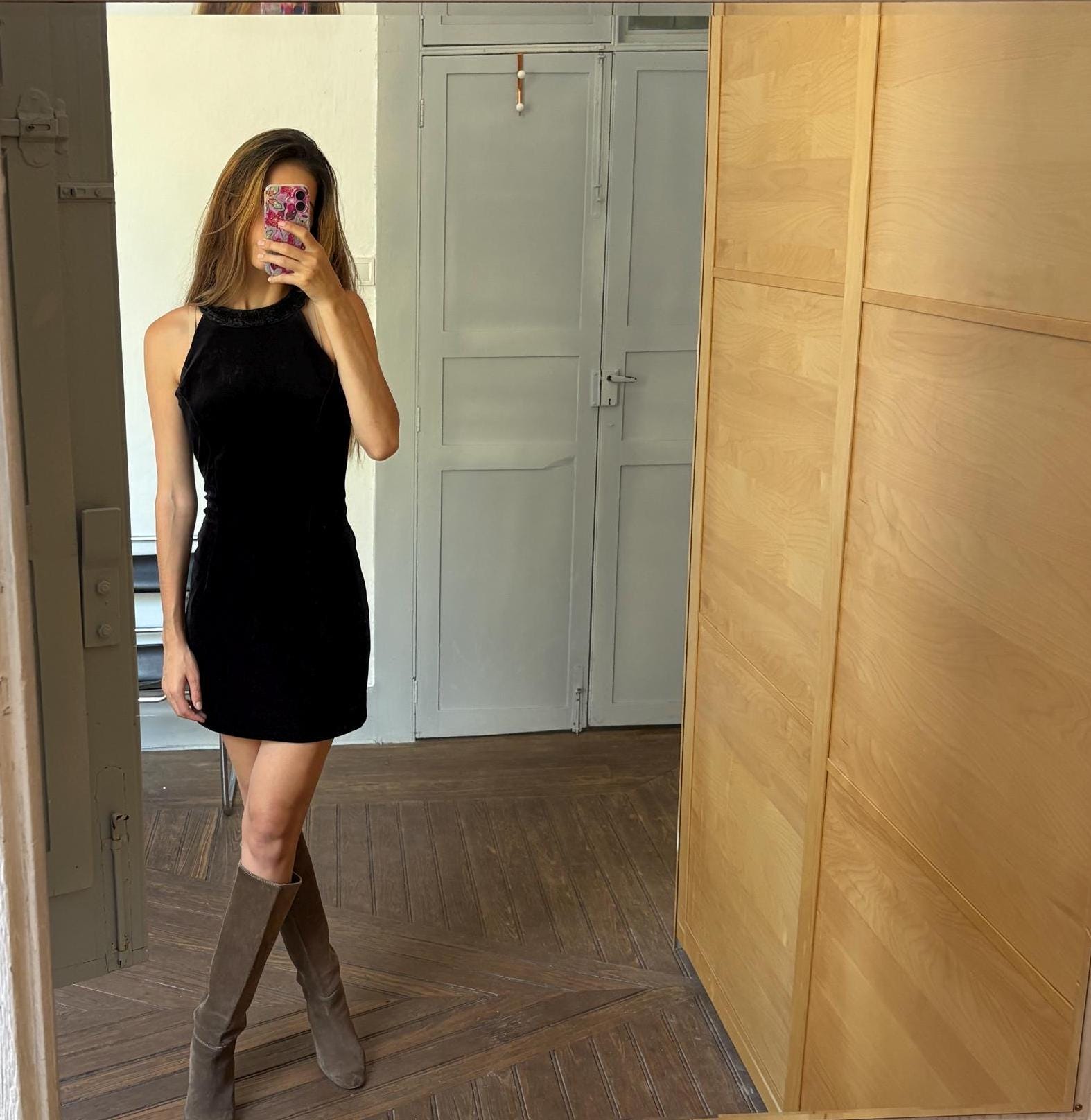 Vintage black velvet dress made in England, Elegant velour festive sequin embroidered dress, Basic hourglass dress,