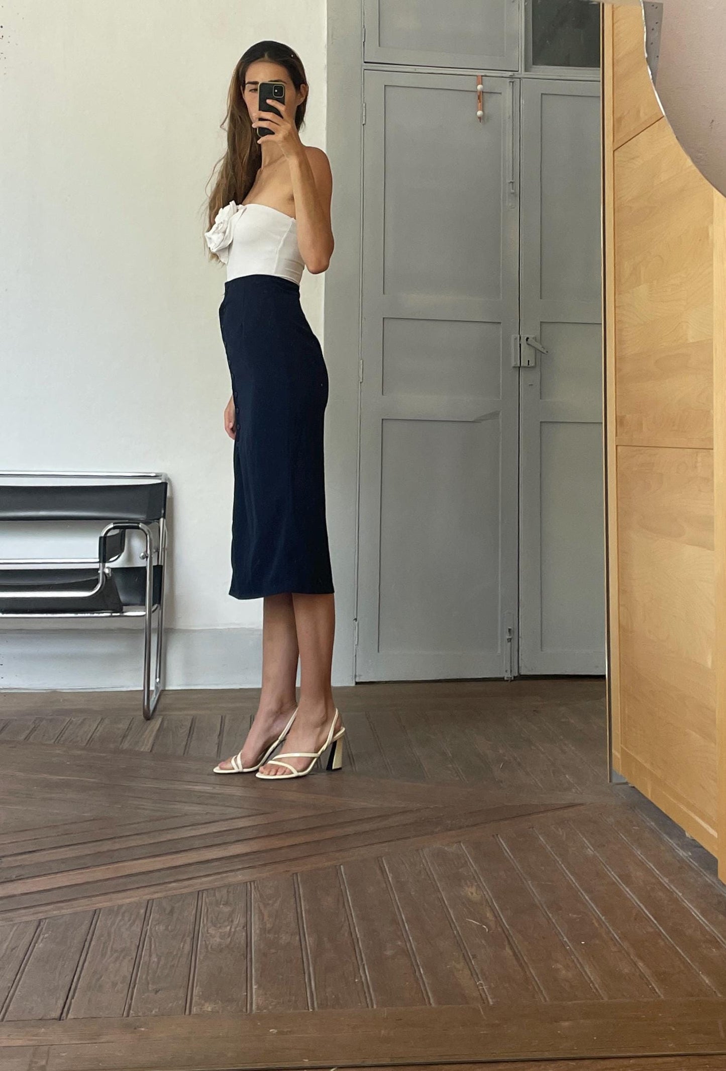 Vintage navy long button down skirt, Elegant fitted high waist maxi skirt, Blue tight pencil skirt,