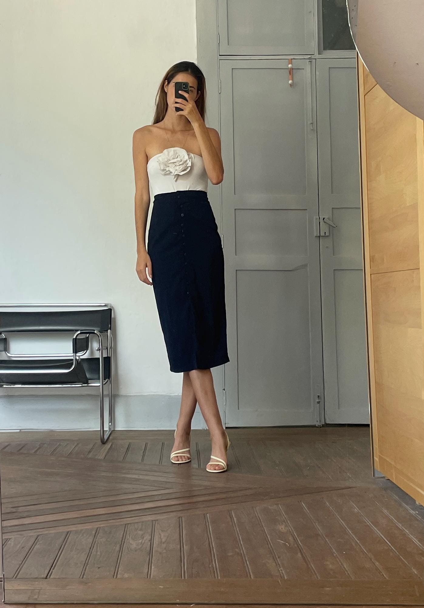 Vintage navy long button down skirt, Elegant fitted high waist maxi skirt, Blue tight pencil skirt,