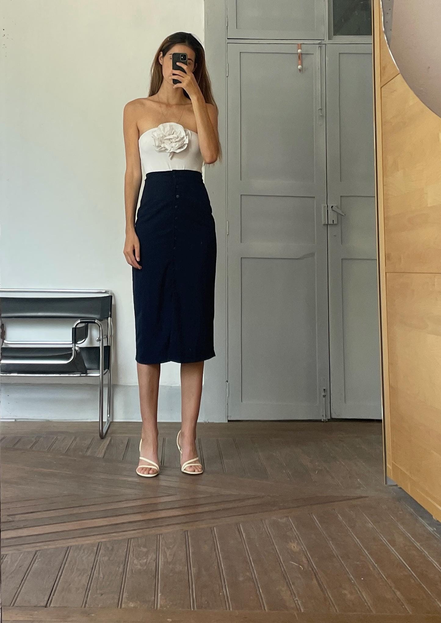 Vintage navy long button down skirt, Elegant fitted high waist maxi skirt, Blue tight pencil skirt,