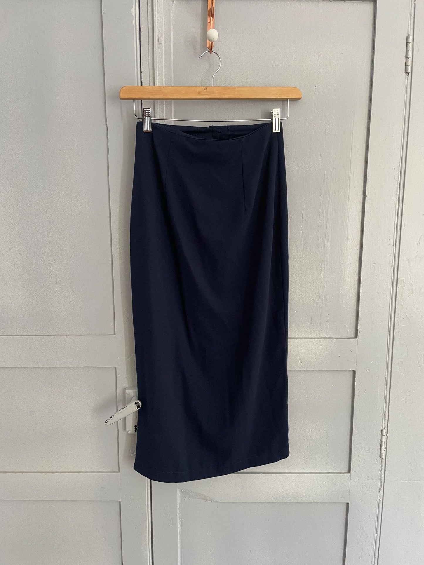 Vintage navy long button down skirt, Elegant fitted high waist maxi skirt, Blue tight pencil skirt,