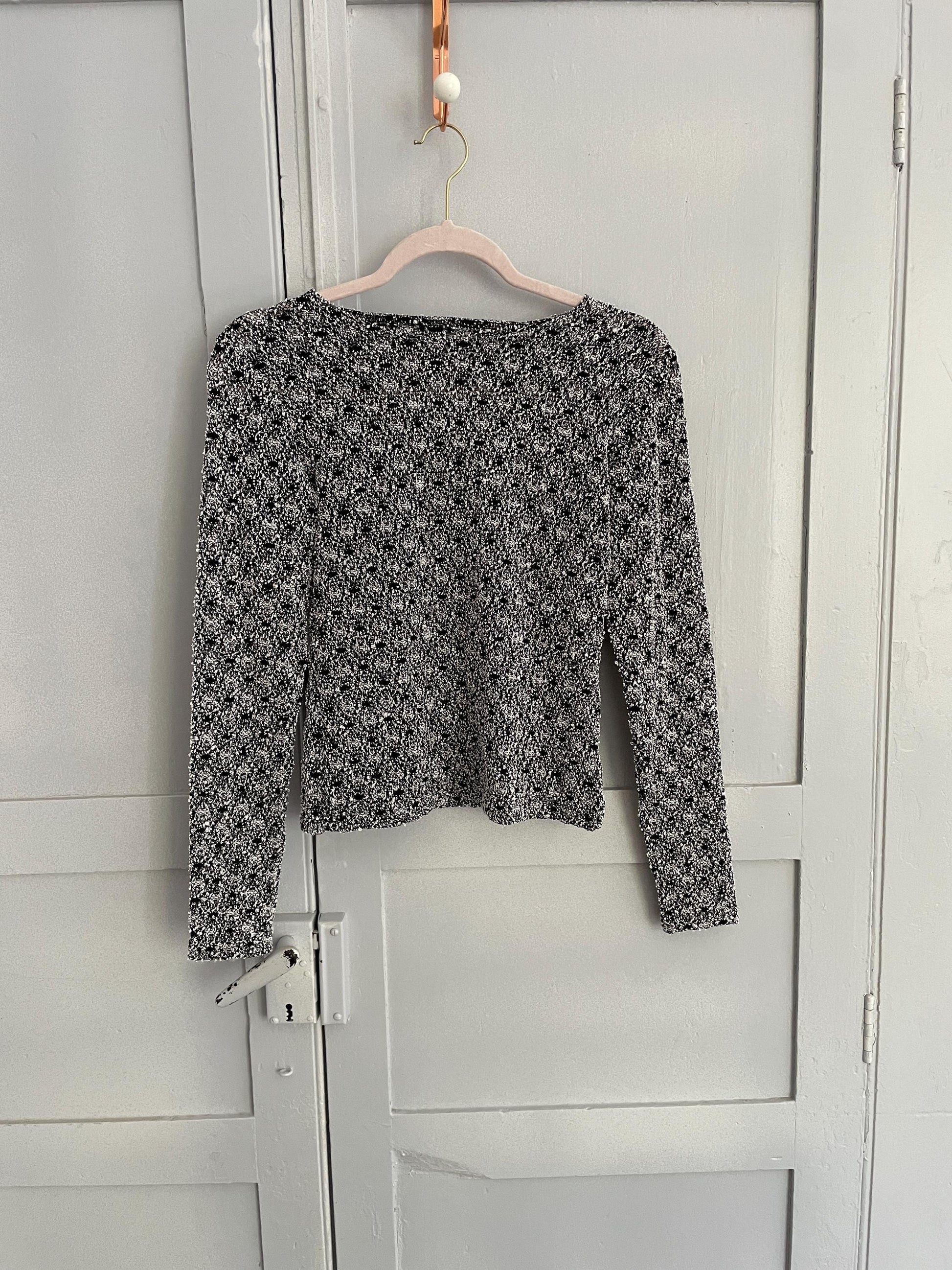 Vintage black and white tee, Y2K long sleeve shirt, Retro woman clothing