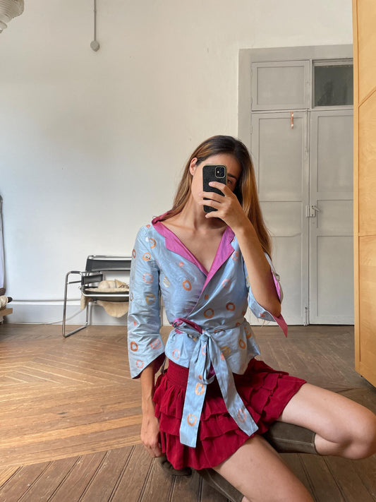 Handmade silk chameuse in pastel colors, Vintage wrap top by spanish designer.