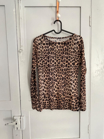 Leopard Print Sheer Vintage Blouse, Long Sleeve Top