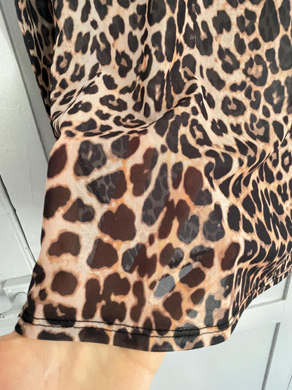 Leopard Print Sheer Vintage Blouse, Long Sleeve Top