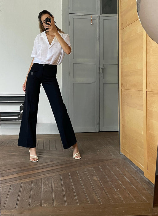 Vintage Pash black straight leg pants, High waist fitted retro woman trousers