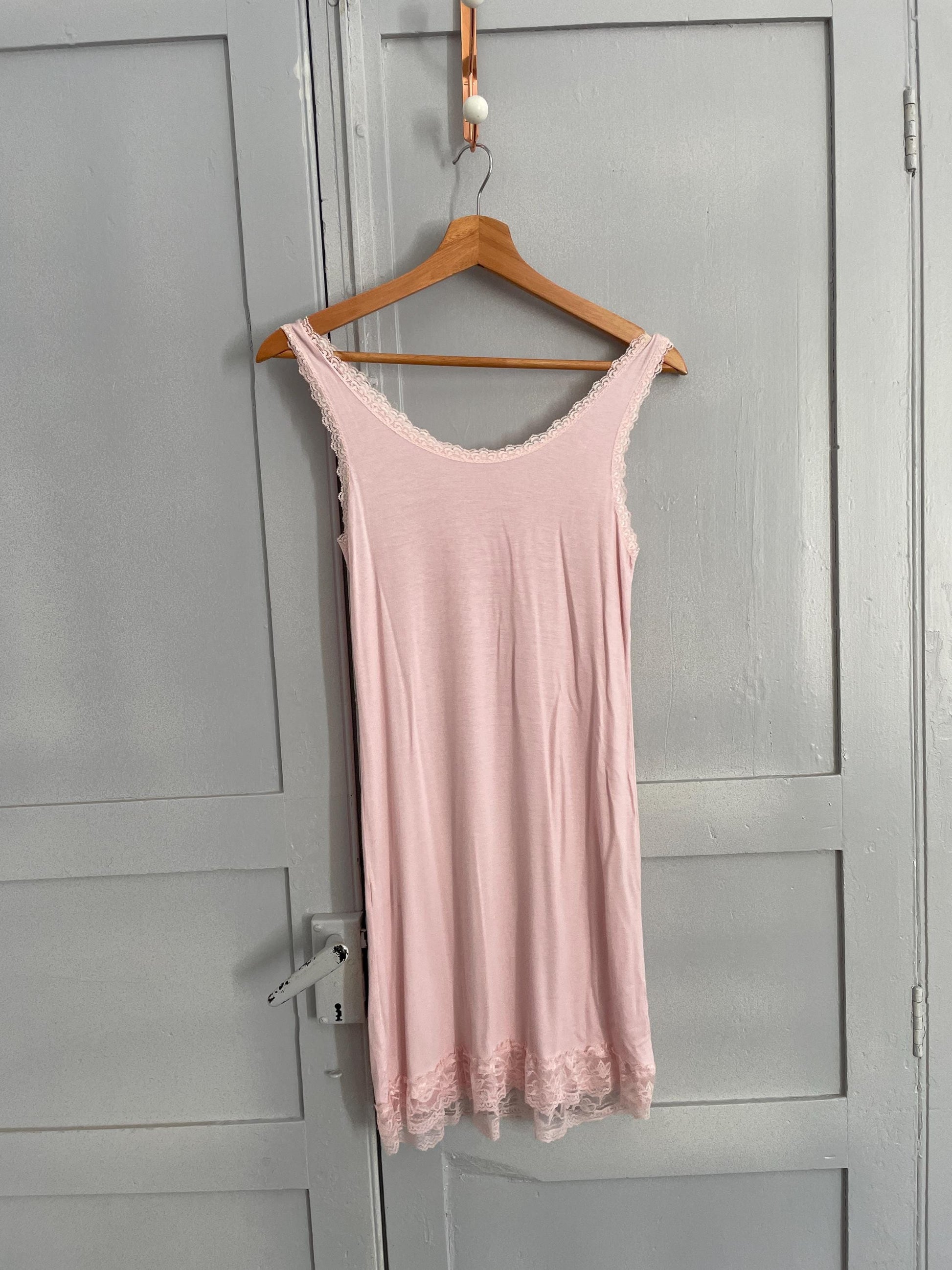 Super soft pink night slip, Romantic baby pink lace night wear, Comfortable night dress, Elegant sleepwear, Pastel pink pyjamas