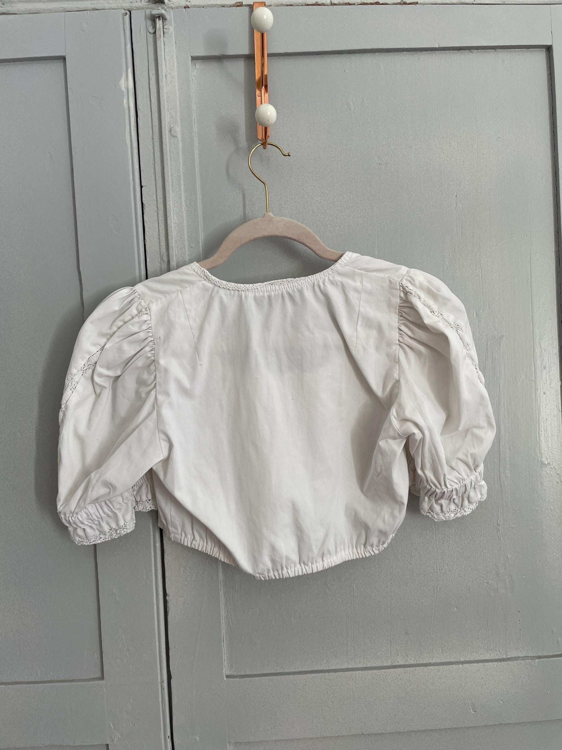 Vintage white romantic trachten puff sleeve top, Sheer crop top, Cottage core blouse, Farm girl dirndl style, XS