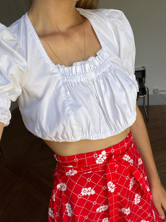 Vintage white romantic trachten puff sleeve top, Sheer crop top, Cottage core blouse, Farm girl dirndl style, XS